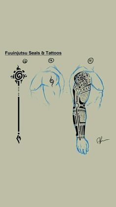 an image of tattoos on the back of a person's arm and shoulder, with symbols