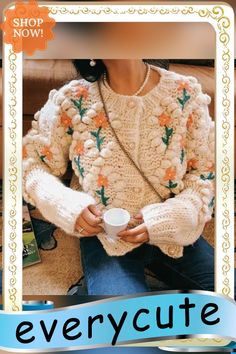 Stitch Floral Embroidered Diamond Pom Pom Hand Cable Knit Cardigan Sweater Knit Pom Pom, Cable Knit Sweater Cardigan, Chunky Cable Knit, Knit Cardigan Sweater, Floral Knit, Yarn Ball, Cable Knit Cardigan, Knit Sweater Cardigan, Pom Poms