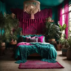 a bedroom with pink and teal decor, potted plants on the floor and a large bed