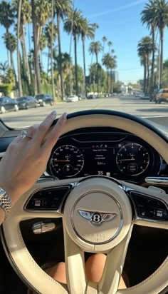 a woman driving a car with her hands on the steering wheel and palm trees in the background