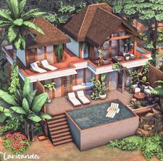 an artist's rendering of a tropical house in the middle of trees and plants