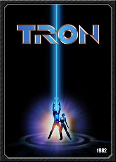 the movie poster for tron with two people standing in front of a blue light