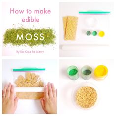 how to make edible moss by eat cake be merry book cover with hands and ingredients