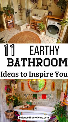 the bathroom is decorated in earthy colors and has an oval bathtub with plants on it