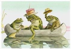 three frogs sitting in a row boat on the water, one wearing a hat and holding a broom