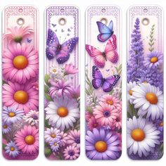 three phone cases with different flowers and butterflies on the back one is pink, purple, and white