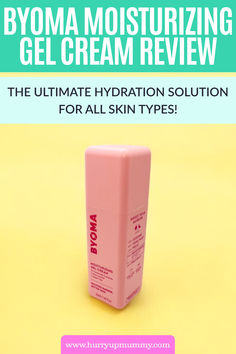 A pink bottle of Byoma moisturizer displayed on a vibrant yellow background, highlighting a review of its hydrating benefits for all skin types. Byoma Moisturizing Gel Cream, Byoma Moisturizing, Oil Free Moisturizers, Favorite Skincare Products, Gel Cream, All Skin Types, Oil Free, Skincare Products, Skin Types