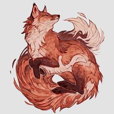 a drawing of a fox with its tail curled up