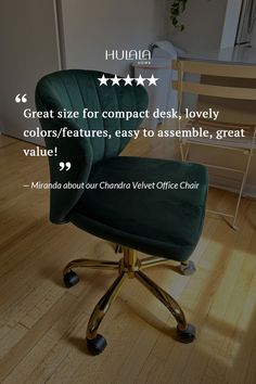 a green chair sitting on top of a wooden floor