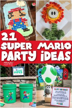 some super mario party ideas are in the middle of this collage with pictures and words