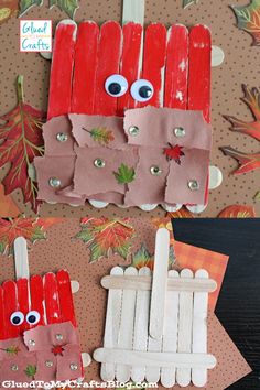 popsicle puppets made to look like they have eyes and hands with leaves on them