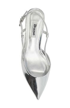 A low kitten heel and pointy toe lend a sleek silhouette to a modern slingback pump. 3" heel Adjustable slingback strap with buckle closure Synthetic upper, lining and sole Imported Silver Pointy Heels, Kitten Heels Outfit, Silver Kitten Heels, Heels Prom, Pointy Heels, Heels Outfits, Silver Pumps, Gold Pumps, Slingback Shoes