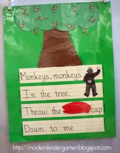 a paper bag with a tree on it that says monkeys, monkeys in the tree through the gap down to me