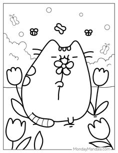 a black and white drawing of a cat with flowers