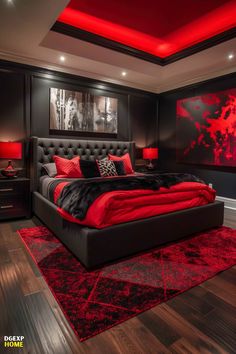 High Contrast In Red &Amp; Black Modern Bedroom With Dramatic Design Red Black Bedrooms, Black Modern Bedroom, Simple Room Decoration, Red Bedroom Decor, Black Bedroom Design, Black Bedroom Decor, Sophisticated Bedroom, Black Bedroom, Simple Room