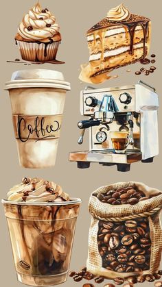 coffee and desserts are depicted in this watercolor painting