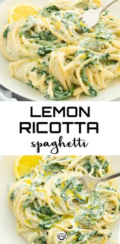 lemon ricotta spaghetti with spinach and parmesan cheese is an easy dinner recipe