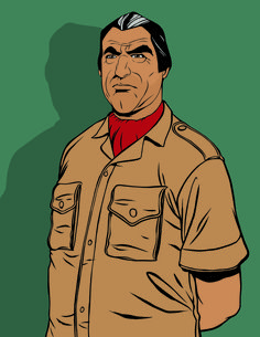 a drawing of a man in uniform with his hand on his hip and looking at the camera