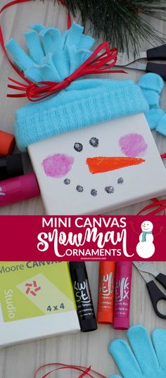 some crafting supplies are laid out on a table with the words mini canvas snowman ornaments