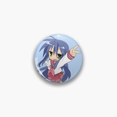 a purple button with an anime character pointing at something in the air, on a white background