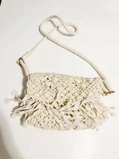 White Woven Crossbody Purse Beige Beachy White Shoulder Bag Tassel Fabric Cream Straw Purse Macrame Purse Retro Purse - Vintage Purse - Retro Purse  Super Cute Bag to Add to your Collection!  Be sure to check out shop for more beautiful and fun bags.  Measurements: 10 inches X 7 inches  Condition: Good Condition; Preloved; Preowned  Can be washed.  ---------------------------------------- Please ask all questions before purchasing this item. International shipping available. All items shipped wi Summer Crossbody Macrame Bag, Summer Macrame Crossbody Bag, Macrame Crossbody Bag For Beach, Cream Crochet Crossbody Bag For Beach, Beach Crossbody Bag With Tassels, Vacation Macrame Shoulder Bag, Beige Shoulder Bag With Tassels For Beach Season, Beige Tassel Shoulder Bag For Beach Season, Cream Crossbody Crochet Bag For Vacation