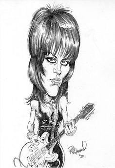 a black and white drawing of a woman with a guitar in her hand, looking at the camera