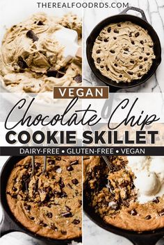 vegan chocolate chip cookie skillet recipe with text overlay that reads, vegan chocolate chip cookie skillet