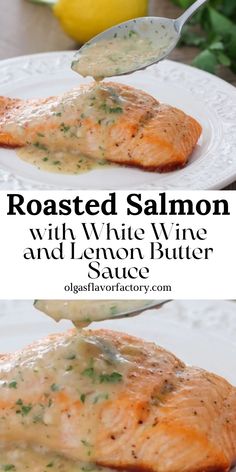 Individual portions of salmon are roasted in the oven and then served with a buttery and refreshing white wine and lemon butter sauce. The aromatic sauce has both creamy and acidic notes in it, complementing the fish so well. Oven Salmon, Sauce For Salmon, Delicious Seafood Recipes, Lemon Salmon, Best Seafood Recipes, Salmon Dinner, White Wine Sauce, Lemon Butter Sauce, Fish Recipes Healthy