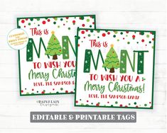 two christmas cards with green and red lettering on them, one has a tree in the middle