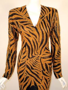 Bob Mackie Orange, Black Beaded Tiger Print, Black Chiffon Gown image 7 Black Tiger Print Dress For Party, Black Tiger Print Party Dress, Orange Long Sleeve Evening Dress, Beaded Tiger, Fitted Gown, Fitted Gowns, Bob Mackie, Black Chiffon, A Tiger