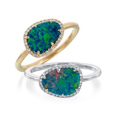 Opals are believed to symbolize good luck and anyone would be lucky to own this beautiful blue-green opal ring surrounded by a sparkly diamond halo. - 14k yellow gold - opal: 0.71 carat total weight - diamonds: approximately 0.08 carat total weight; G-H color, SI clarity - custom sizing available: ice@anneauxjewelry.com Opal And Diamond Ring, Beautiful Baubles, Tissot Watches, Summer Clearance, Diamond Halo Ring, Green Opal, Exclusive Jewelry, October 10, Halo Diamond Ring