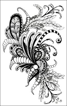 black and white drawing of flowers with swirls on the petals, in an abstract manner