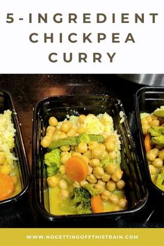 three plastic containers filled with vegetables and chickpea curry next to broccoli