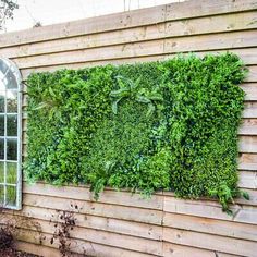 a wooden wall covered in green plants next to a brick building with an arched window