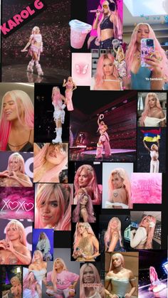 the collage shows many different images of women with pink hair and make - up