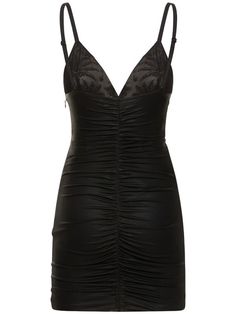 Find ALESSANDRA RICH Laminated Jersey Slip Mini Dress W/lace on Editorialist. Adjustable spaghetti straps. Side zip closure. Lace inserts. Front embellished detail. Gathered panels. Model is wearing a size38 Slip Mini Dress, Alessandra Rich, Rich Women, Luxurious Fabric, Lace Insert, Fabric Making, Dark Fashion, Black Laces, Luxury Fabrics