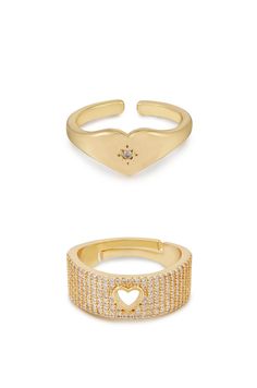 All Hearts Adjustable Ring Set Adjustable Heart Shaped Gold Ring, Gold Open Ring Jewelry For Valentine's Day, Gold-plated Heart-shaped Ring, Gold-plated Heart Shaped Ring, Gold Plated Heart Shaped Ring, Gold Heart Ring With Vs Clarity For Gift, Gold Heart Ring With Vs Clarity As Gift, Cool Sunglasses, Clear Crystals