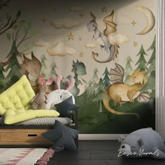 a child's room decorated with wallpaper and stuffed animals