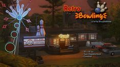 an image of a retro bowling game with cars parked in front of the building at night