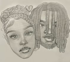 a drawing of two people with dreadlocks on their heads and one woman's face