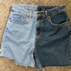 Ragged Jeans Half And Half Denim Shorts Size Medium Never Worn Blue Cutoff Cotton Shorts, Blue Cotton Cutoff Shorts, Blue Denim Cutoff Bottoms, Blue Cutoff Pants For Spring, Blue Denim Bottoms With Built-in Shorts, Trendy Blue Short Length Bottoms, Casual High Waist Blue Shorts, Trendy Mid-rise Blue Shorts, Trendy Blue Mid-rise Shorts