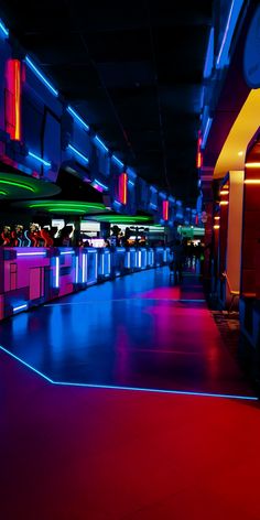 a brightly lit room with neon lights on the ceiling