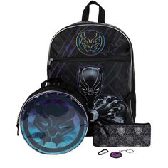 Show some Wakanda pride with this Marvel Comics Black Panther 5-Piece Backpack set that includes a 16'' backpack, an insulated lunch bag, a utility case, a molded rubber keychain, and a carabiner. The backpack and lunch tote feature images of T'challa's Black Panther mask in bright vibrant colors. The backpack comes with adjustable straps, a side air-mesh pocket and a zippered compartment to keep items safe. Celebrate your favorite avengers with this backpack set. Themed Black Backpack For Everyday Use, Themed Black Backpack For School, Themed Black School Backpack, Black Panther Mask, Rubber Keychain, Backpack Set, Backpack With Wheels, Broken Zipper, Black Panther Marvel