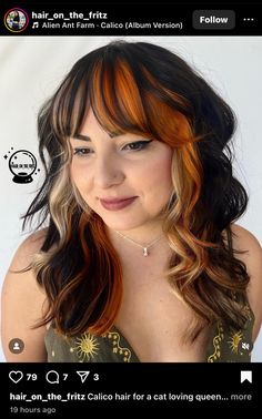 Black And Natural Red Hair, Fun Hair Color Ideas For Dark Hair, Dark Brown Hair With Colorful Highlights, Dark Calico Hair Color, Calico Hair Sectioning, Reverse Balayage Red, Alt Fall Hair, Long Hair Bangs Haircut, Calico Hair Aesthetic