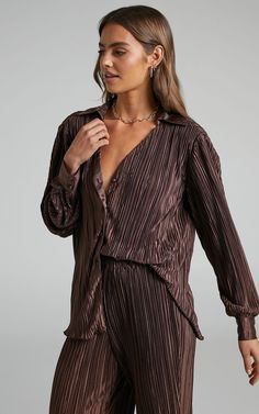 Beca Plisse Button Up Shirt in Chocolate | Showpo USA Crop Top Designs, Work Blouse, Cami Tops, Style Icon, Button Up Shirt, Button Up Shirts, Wrap Dress, Tops Designs, Summer Outfits