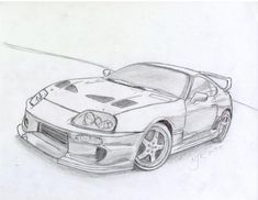 a pencil drawing of a sports car on a white paper with the hood up and front end