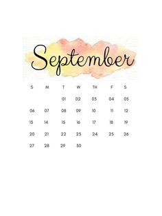 a calendar with the word september written in black ink on a white background and watercolor stains