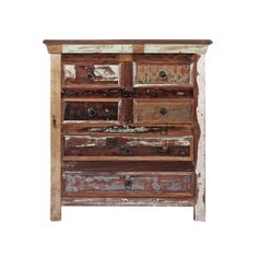 an old wooden dresser with drawers and knobs on it's sides, against a white background