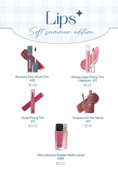 #softsummer #seasonalcolor #cooltone #makeup #romand #lipstick #lilybyred #etude #peripera #hera Soft Summer Makeup, Autumn Color Palette Fashion, Summer Lipstick, Soft Summer Palette, Soft Summer Color Palette, Makeup Charts, Soft Summer Colors, Summer Color Palette, Seasonal Color Analysis