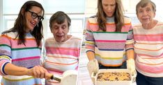 two women in colorful sweaters and one woman holding a pan with food on it